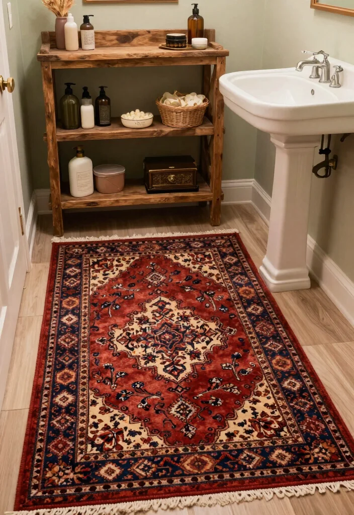 10 Bathroom Rug Ideas That Instantly Make the Space Cozy 6. Vintage style Rugs with Eco Friendly Materials 0