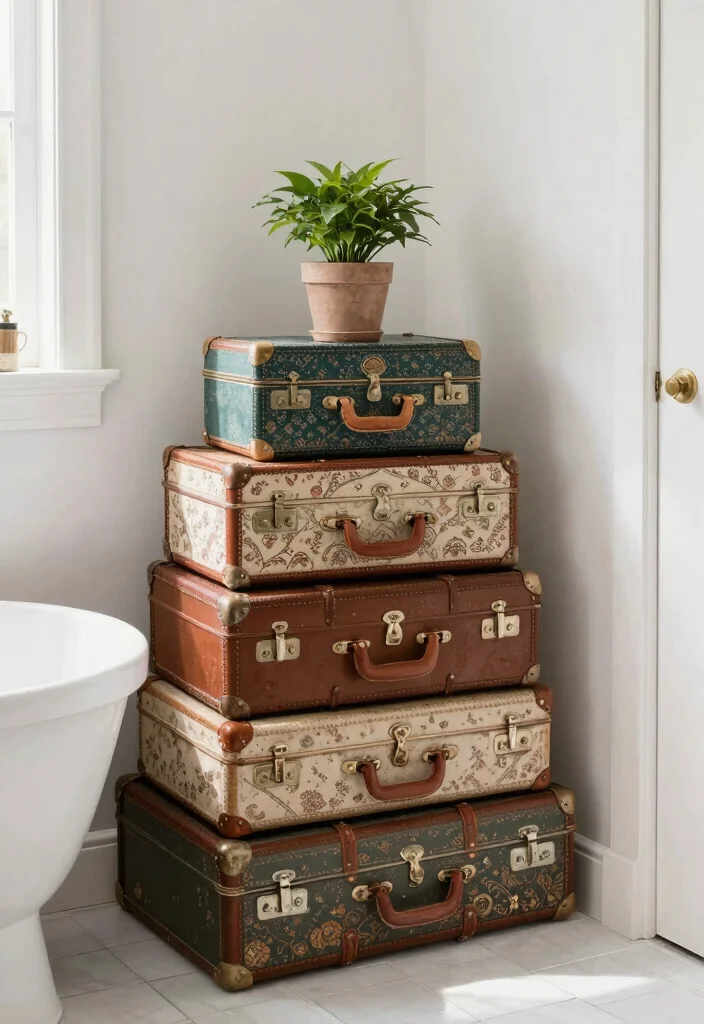 10 Bathroom Shelving Ideas That Make Small Bathrooms Look Organized 10. Vintage Suitcases Quirky Storage Idea 0