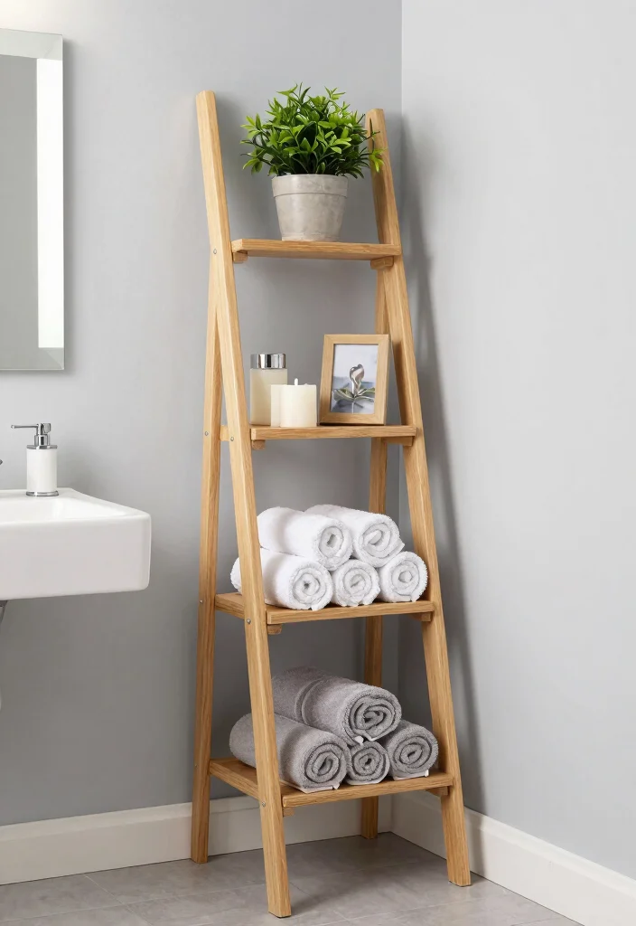 10 Bathroom Shelving Ideas That Make Small Bathrooms Look Organized 3. Ladder Shelves Stylish and Functional 0