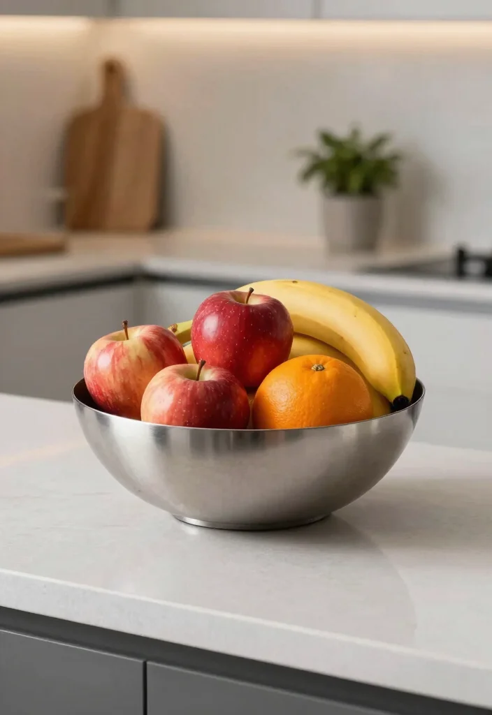 10 Fruit Basket Ideas for Kitchen Counters That Look Styled 1 10 Fruit Basket Ideas for Kitchen Counters That Look Styled 1. Sleek Metallic Fruit Bowl 0