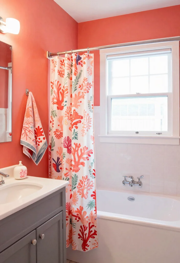 10 Small Bathroom Color Ideas That Open Up the Space 10. Vibrant Coral for a Pop of Color 0