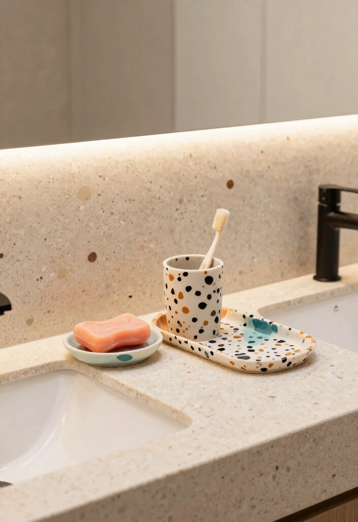 10 Terrazzo Tile Bathroom Ideas That Feel Playful and Modern 6. Terrazzo Tile Accents in Accessories 0
