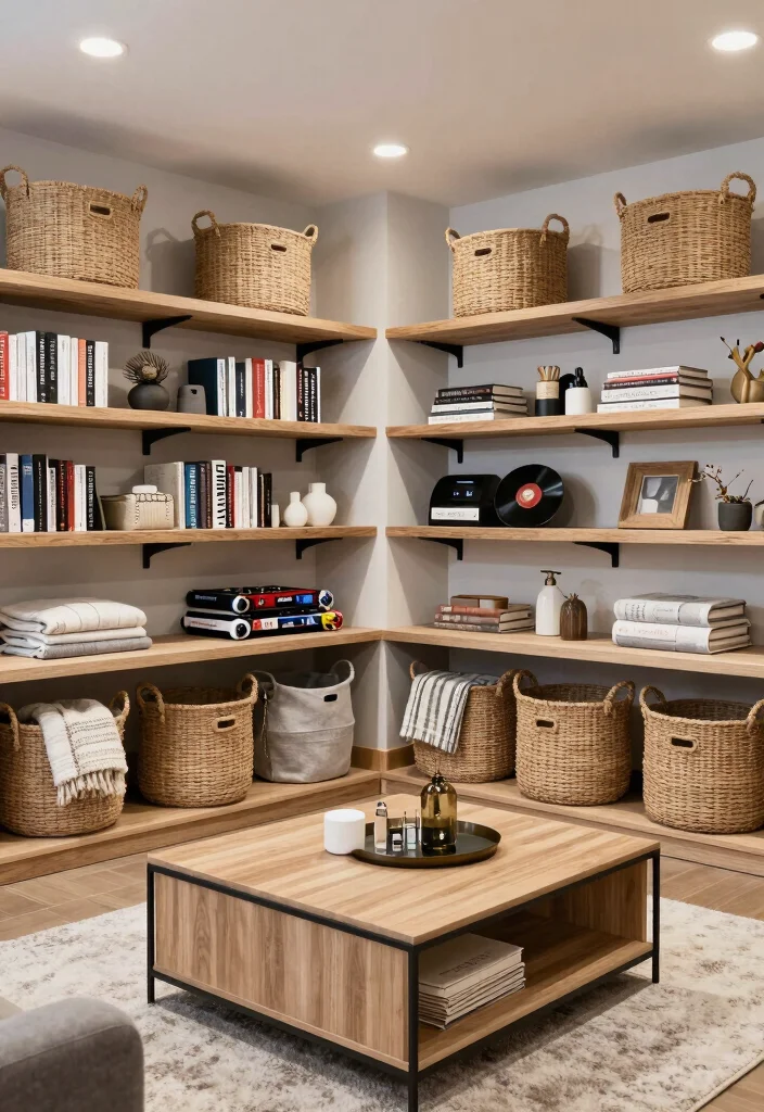 12 Basement Living Room Ideas That Feel Comfortable 10. Smart Storage Solutions 0