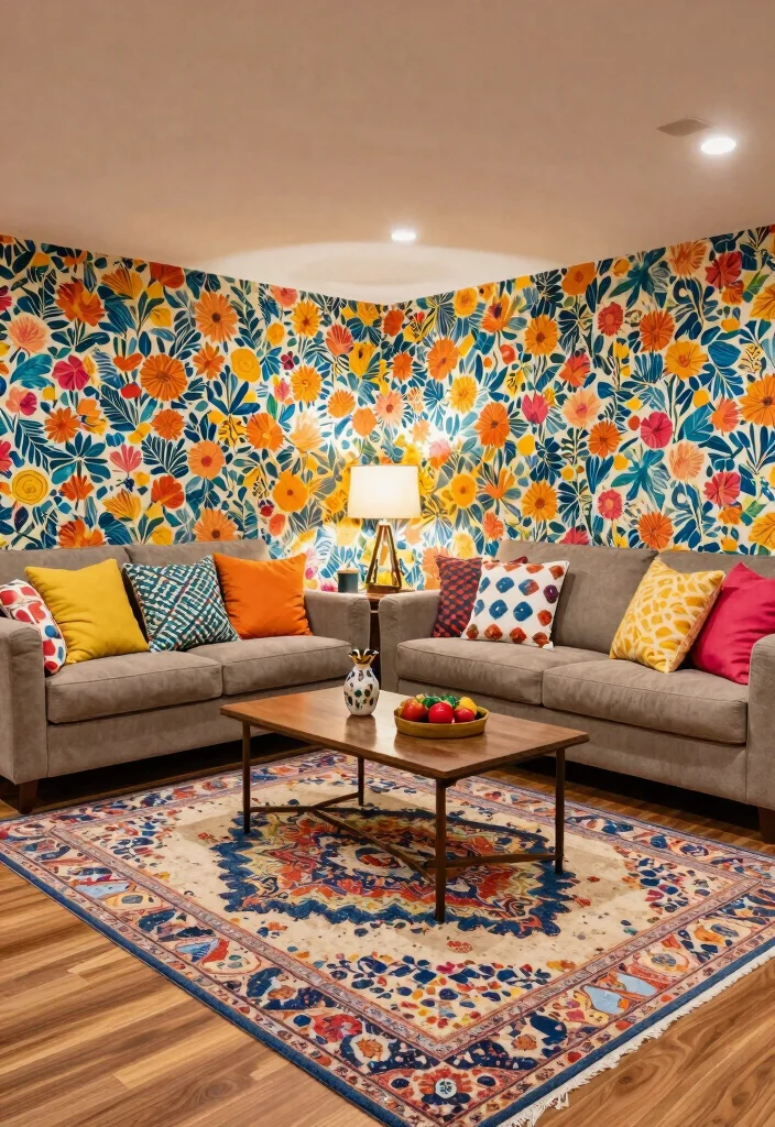 12 Basement Living Room Ideas That Feel Comfortable 11. Play with Patterns 0