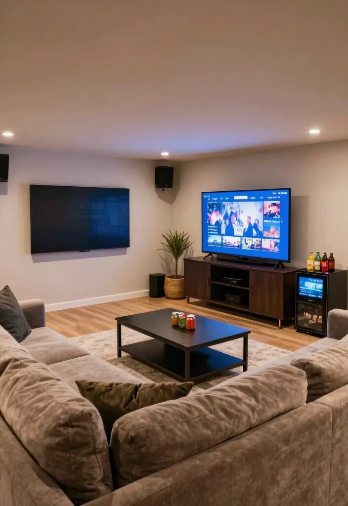 12 Basement Living Room Ideas That Feel Comfortable 12. Cozy Entertainment Zone 0