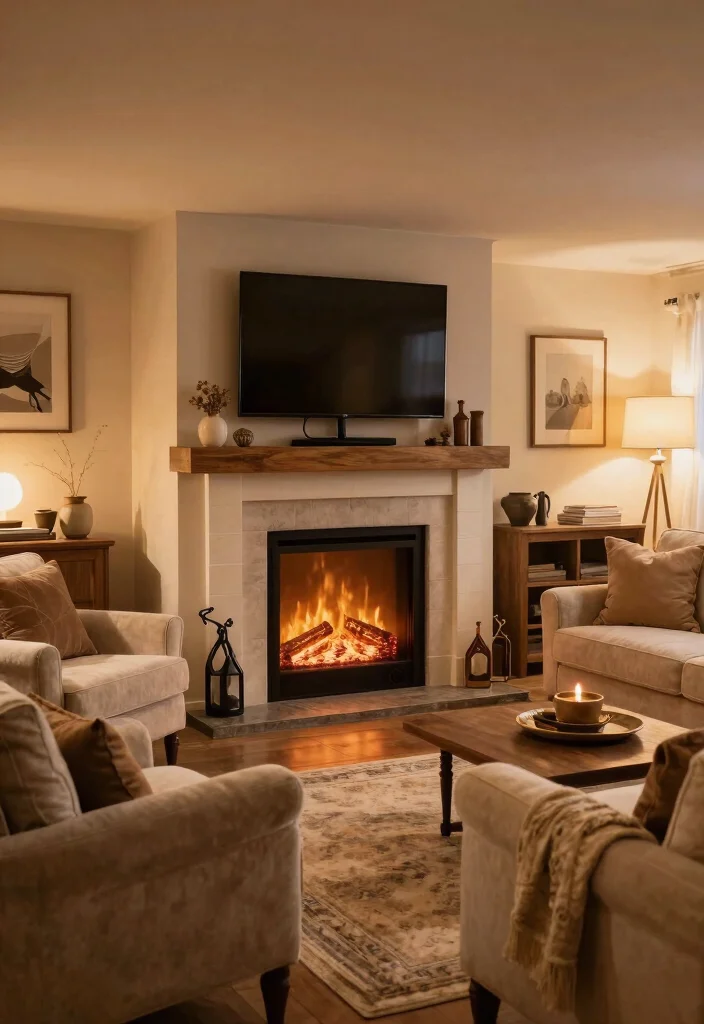 12 Basement Living Room Ideas That Feel Comfortable 9. Cozy Fireplace Feature 0