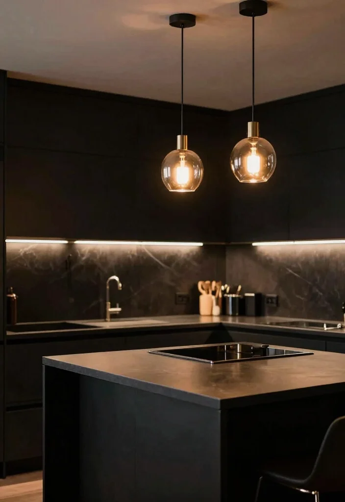 12 Black Kitchen Ideas That Look Bold and Sophisticated 14 12 Black Kitchen Ideas That Look Bold and Sophisticated 4. Harmonious Lighting 0