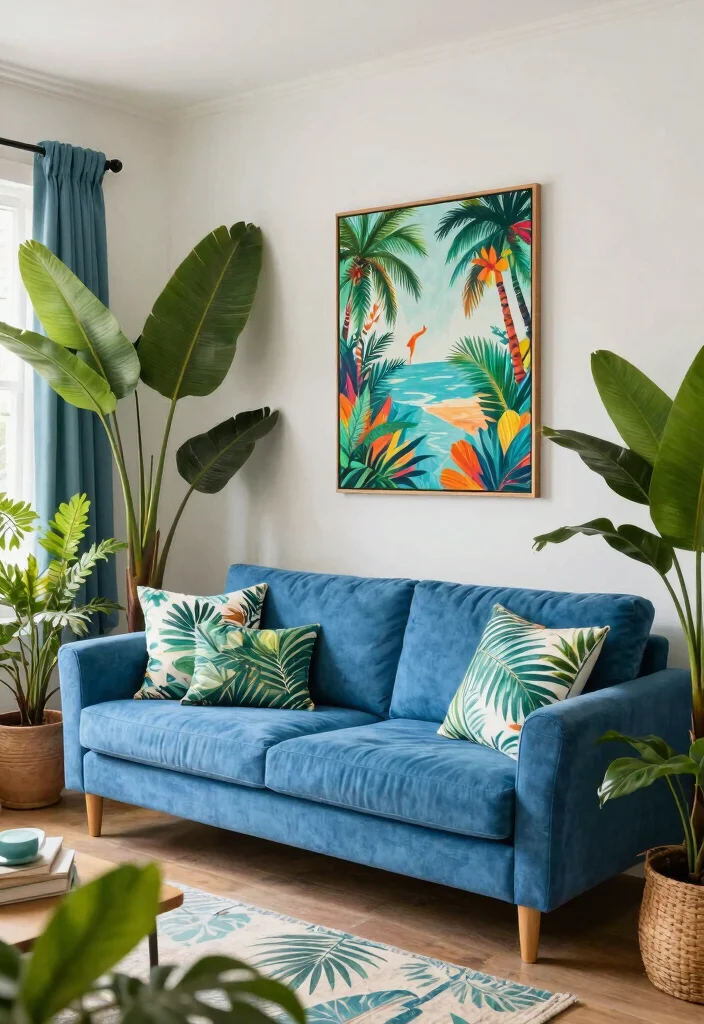 12 Blue Couch Living Room Ideas That Stand Out on Pinterest 8. Tropical Escape 0