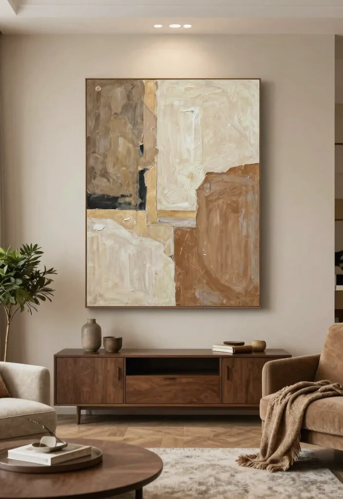 12 Brown and Beige Living Room Ideas That Feel Grounded 26 12 Brown and Beige Living Room Ideas That Feel Grounded 6. Statement Art Pieces 0