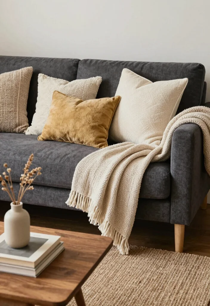 12 Dark Gray Couch Living Room Ideas with Modern Balance 1. Layered Textures for Cozy Comfort 0
