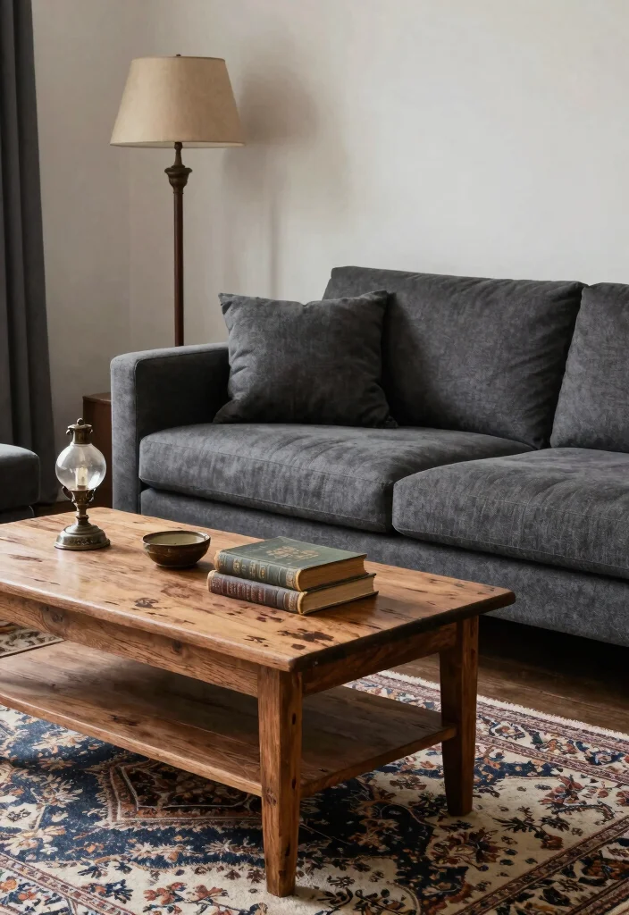 12 Dark Gray Couch Living Room Ideas with Modern Balance 10. Vintage Charm Meets Modern Design 0
