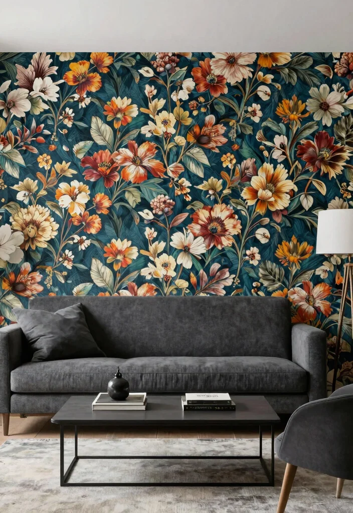 12 Dark Gray Couch Living Room Ideas with Modern Balance 11. Bold Wallpaper to Make a Statement 0