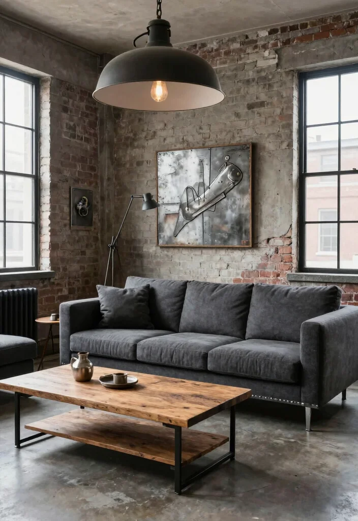 12 Dark Gray Couch Living Room Ideas with Modern Balance 5. Industrial Chic Styling 0