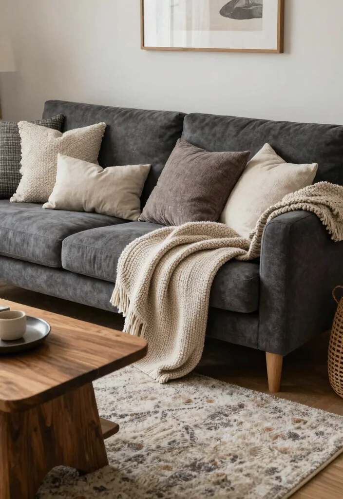 12 Dark Grey Couch Living Room Ideas with Depth 23 12 Dark Grey Couch Living Room Ideas with Depth 3. Layered Textures 0