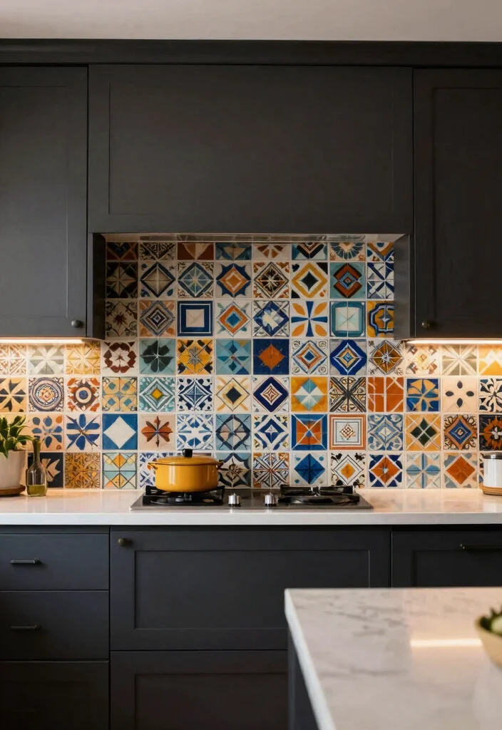 12 Dark Kitchen Ideas That Feel Dramatic and Cozy 11. Artsy Backsplashes 0
