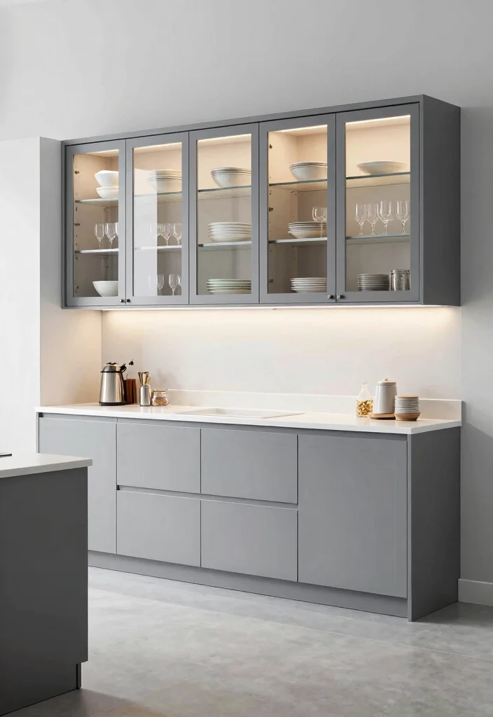 12 Gray Kitchen Ideas That Feel Clean and Timeless 9. Gray Glass Cabinetry for a Modern Touch 0