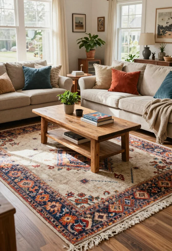 12 Living Room Carpet Ideas That Instantly Warm the Space 6. Textured Layered Rugs 0