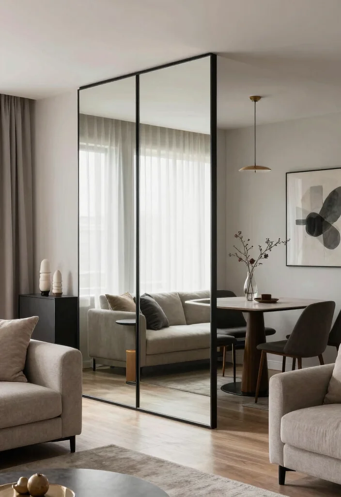 12 Living Room Mirror Ideas That Open the Space 11. Mirrored Room Dividers 0