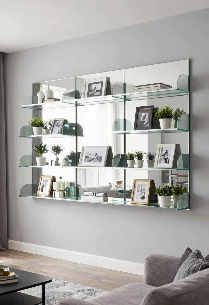 12 Living Room Mirror Ideas That Open the Space 9. Mirrored Shelves 0