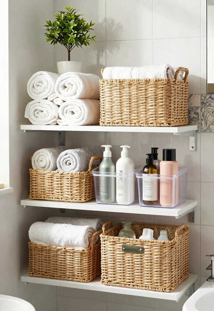 12 Main Bathroom Ideas Designed for Real Daily Use 2. Smart Storage Solutions with Baskets and Bins 0
