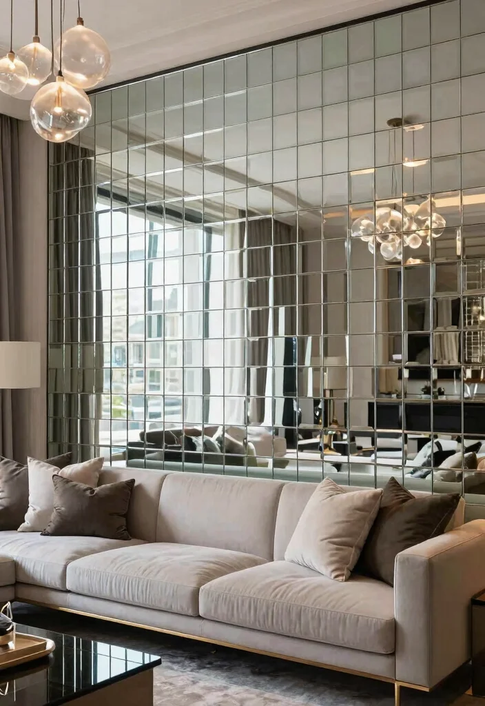 12 Mirror Ideas for Living Rooms That Add Light 5. Mirror Tiled Walls 0