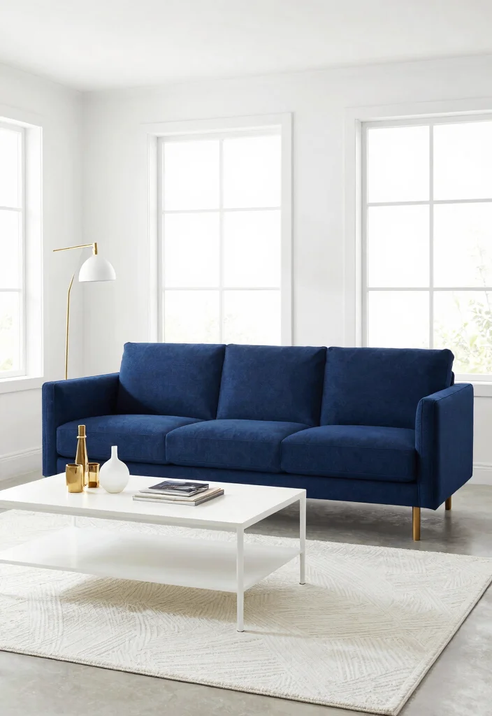 12 Navy Blue Sofa Living Room Ideas That Feel Rich 1. Bold Contrast with White Accents 0