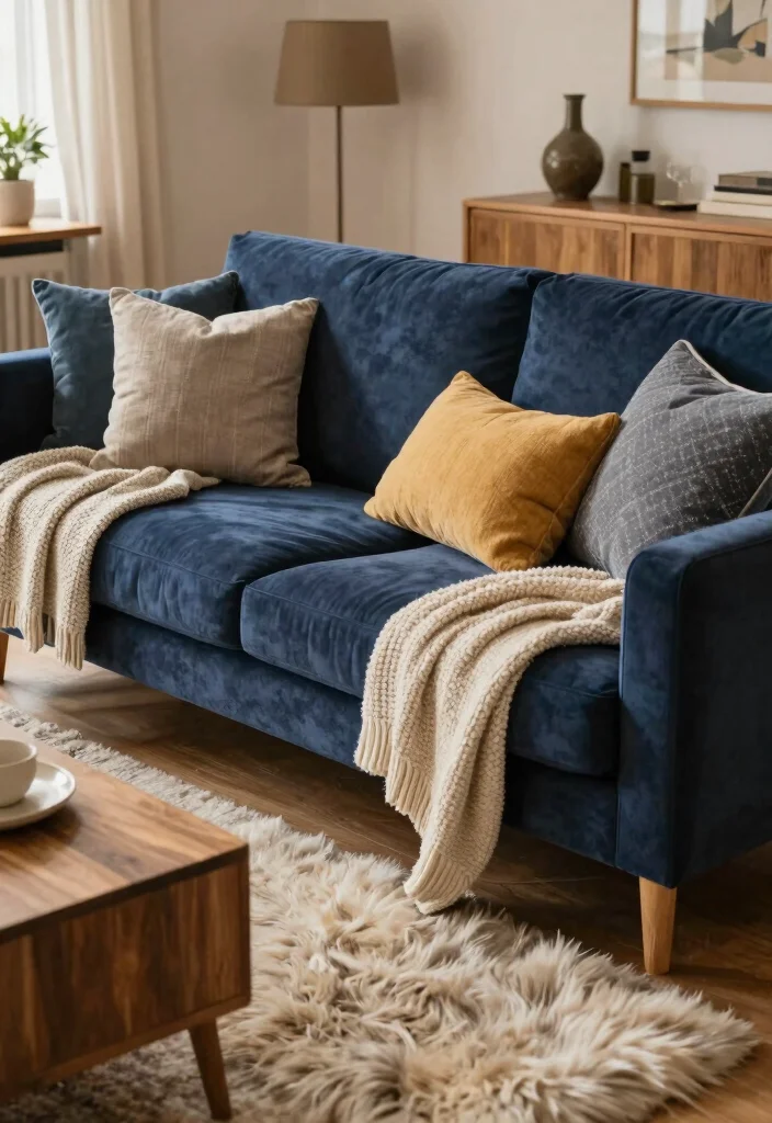 12 Navy Blue Sofa Living Room Ideas That Feel Rich 2. Cozy Textures for Warmth 0
