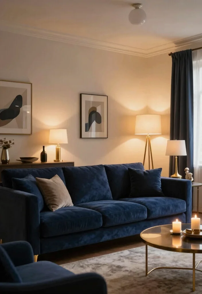 12 Navy Blue Sofa Living Room Ideas That Feel Rich 4. Layered Lighting for Ambiance 0