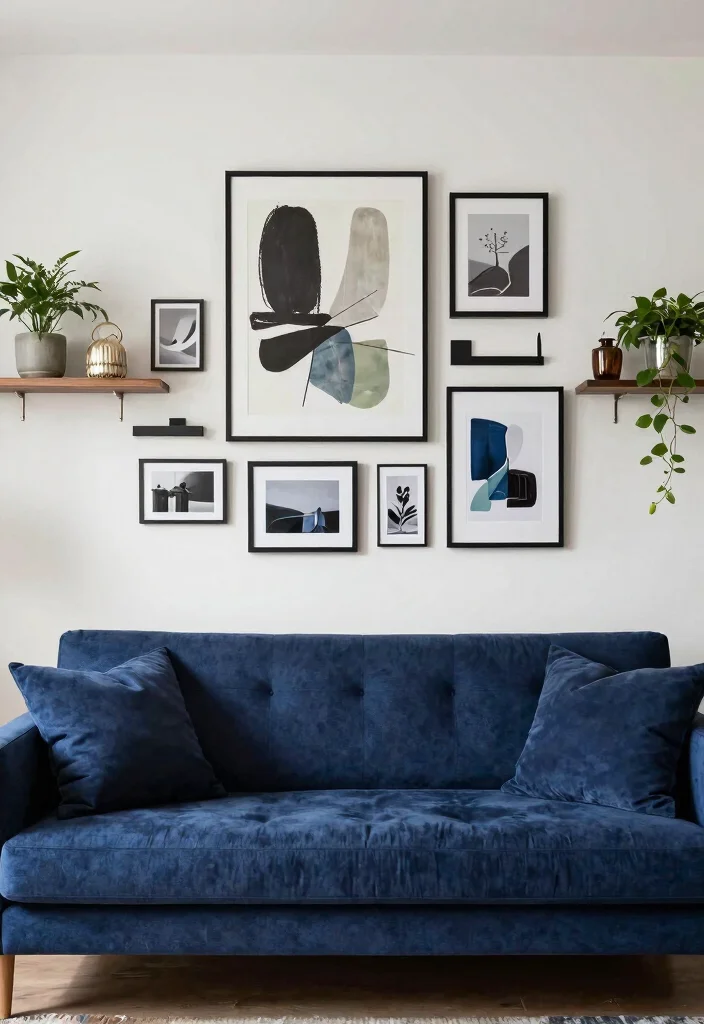 12 Navy Blue Sofa Living Room Ideas That Feel Rich 5. Artful Wall Decor 0
