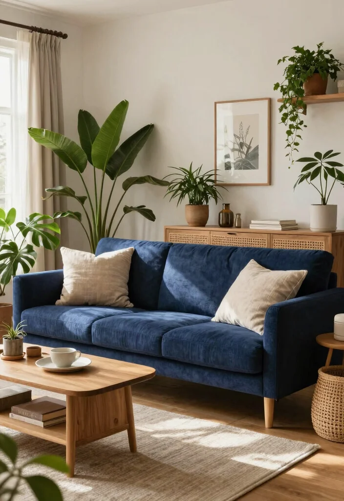 12 Navy Blue Sofa Living Room Ideas That Feel Rich 6. Natural Elements for a Fresh Touch 0