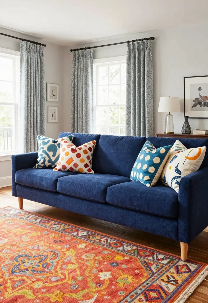 12 Navy Blue Sofa Living Room Ideas That Feel Rich 7. Playful Patterns and Prints 0