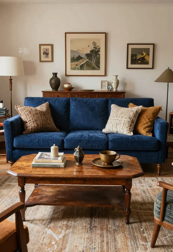 12 Navy Blue Sofa Living Room Ideas That Feel Rich 9. Vintage Charm with Antique Pieces 0