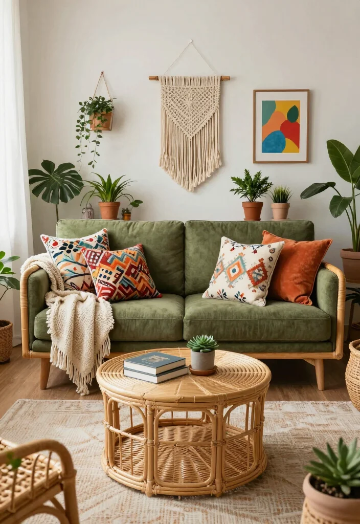 12 Olive Green Sofa Living Room Ideas That Feel Trendy 1. Boho Chic with Rattan Accents 0