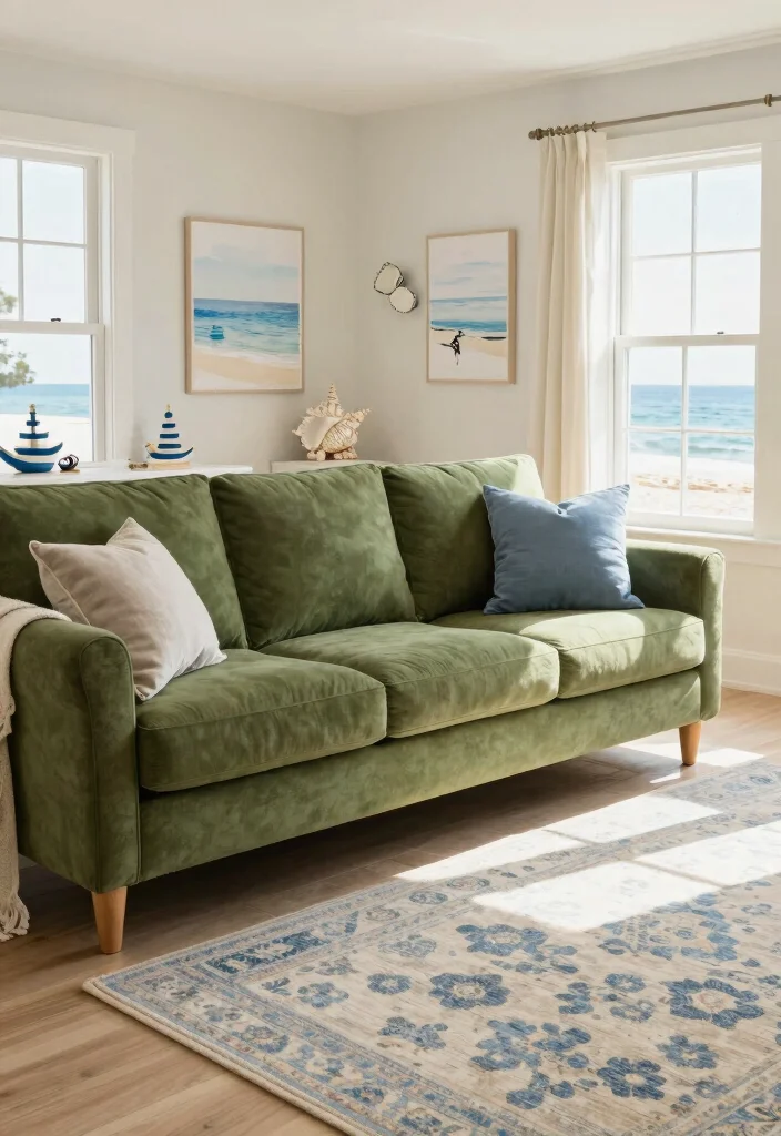 12 Olive Green Sofa Living Room Ideas That Feel Trendy 10. Coastal Inspiration 0