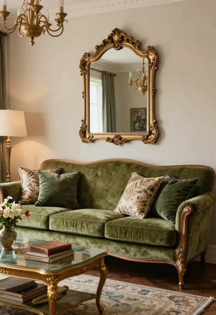 12 Olive Green Sofa Living Room Ideas That Feel Trendy 11. Vintage Glamour 0