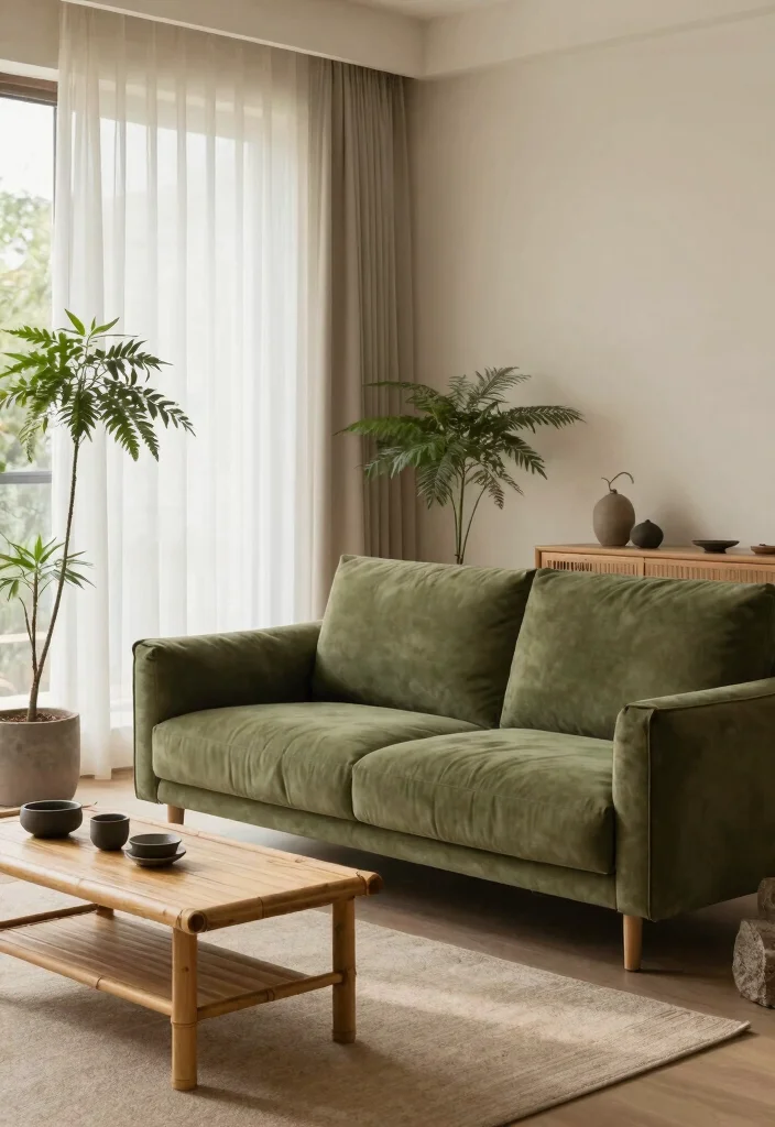 12 Olive Green Sofa Living Room Ideas That Feel Trendy 12. Zen Retreat 0