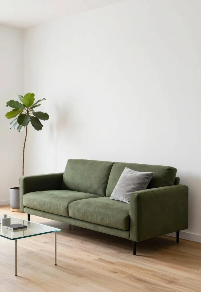 12 Olive Green Sofa Living Room Ideas That Feel Trendy 2. Minimalist Modern Vibes 0