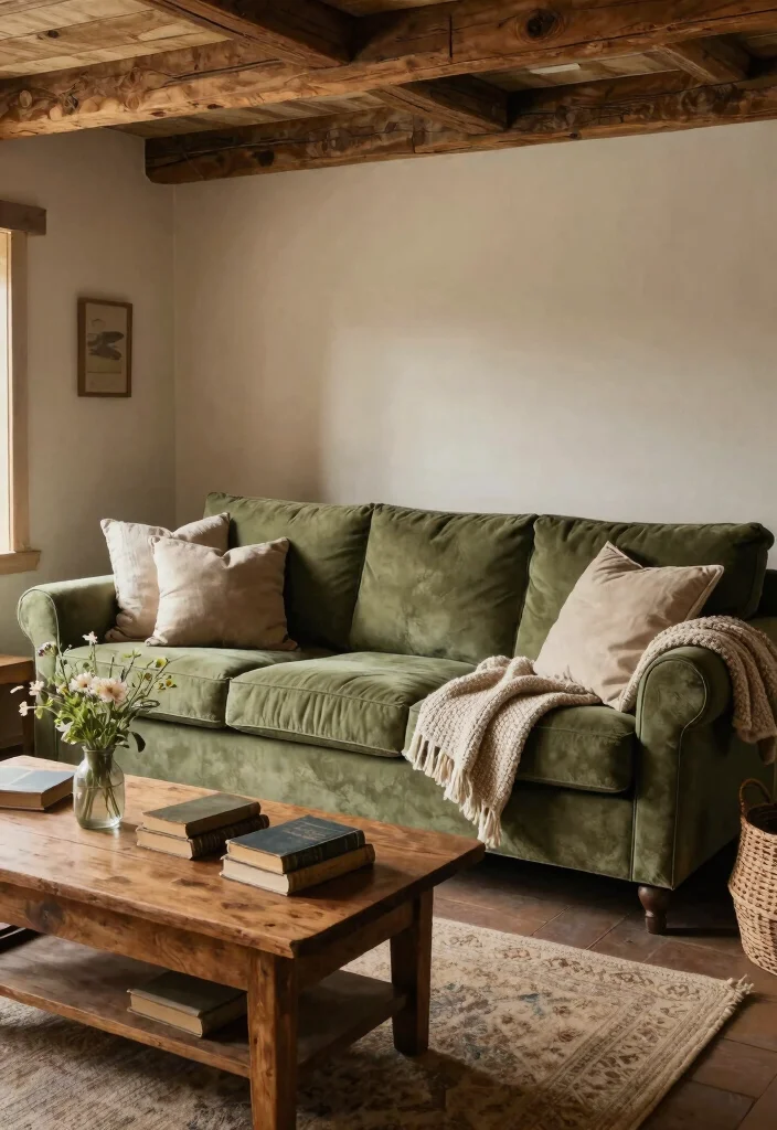 12 Olive Green Sofa Living Room Ideas That Feel Trendy 3. Rustic Farmhouse Charm 0