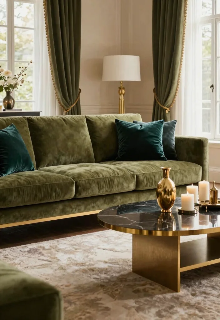 12 Olive Green Sofa Living Room Ideas That Feel Trendy 4. Luxurious Layering 0