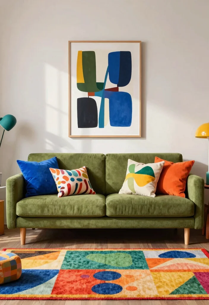 12 Olive Green Sofa Living Room Ideas That Feel Trendy 7. Colorful Accents for Personality 0
