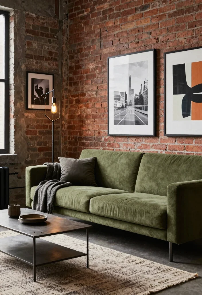 12 Olive Green Sofa Living Room Ideas That Feel Trendy 8. Industrial Edge with Olive Green 0