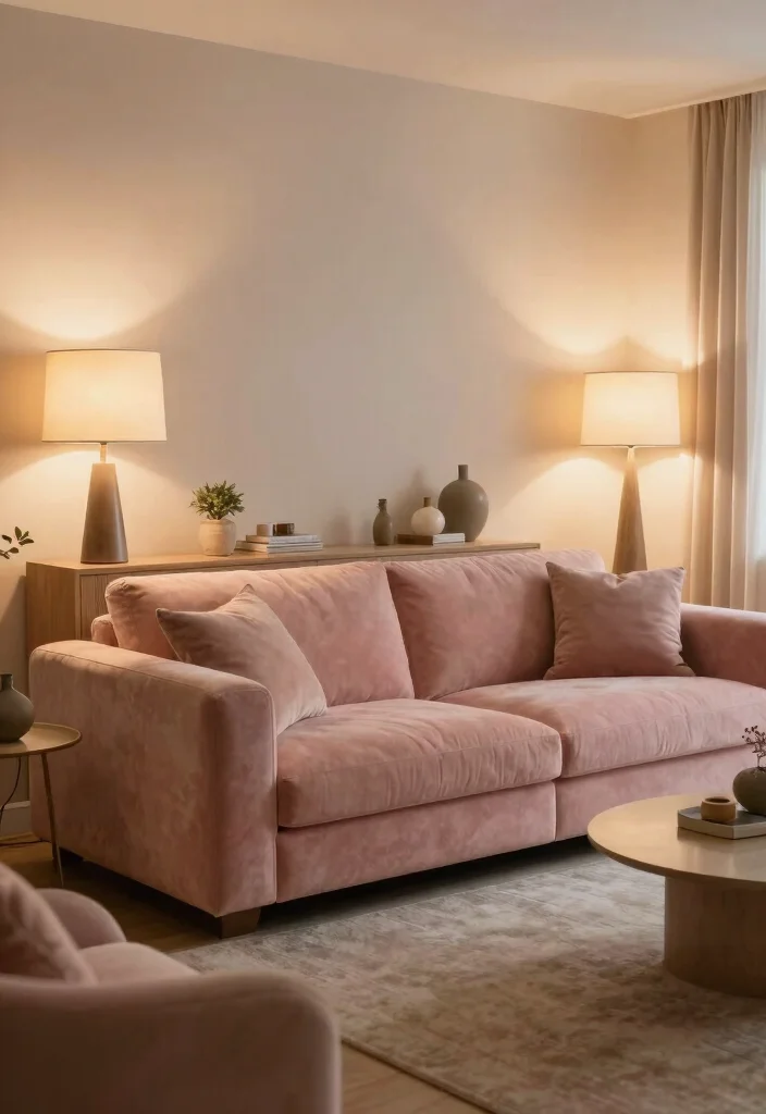 12 Pink Living Room Ideas That Feel Soft and Modern 52 12 Pink Living Room Ideas That Feel Soft and Modern 12. Soft Lighting Solutions 0