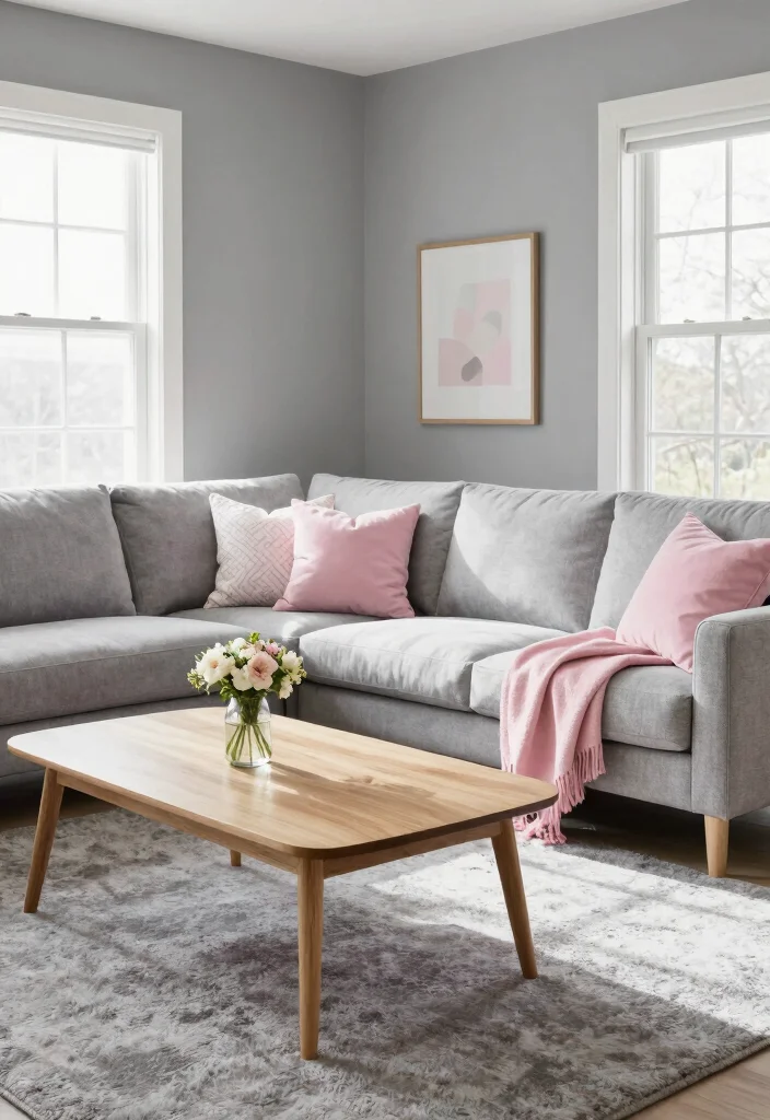 12 Pink Living Room Ideas That Feel Soft and Modern 12 12 Pink Living Room Ideas That Feel Soft and Modern 2. Soft Pink Accents with Gray 0