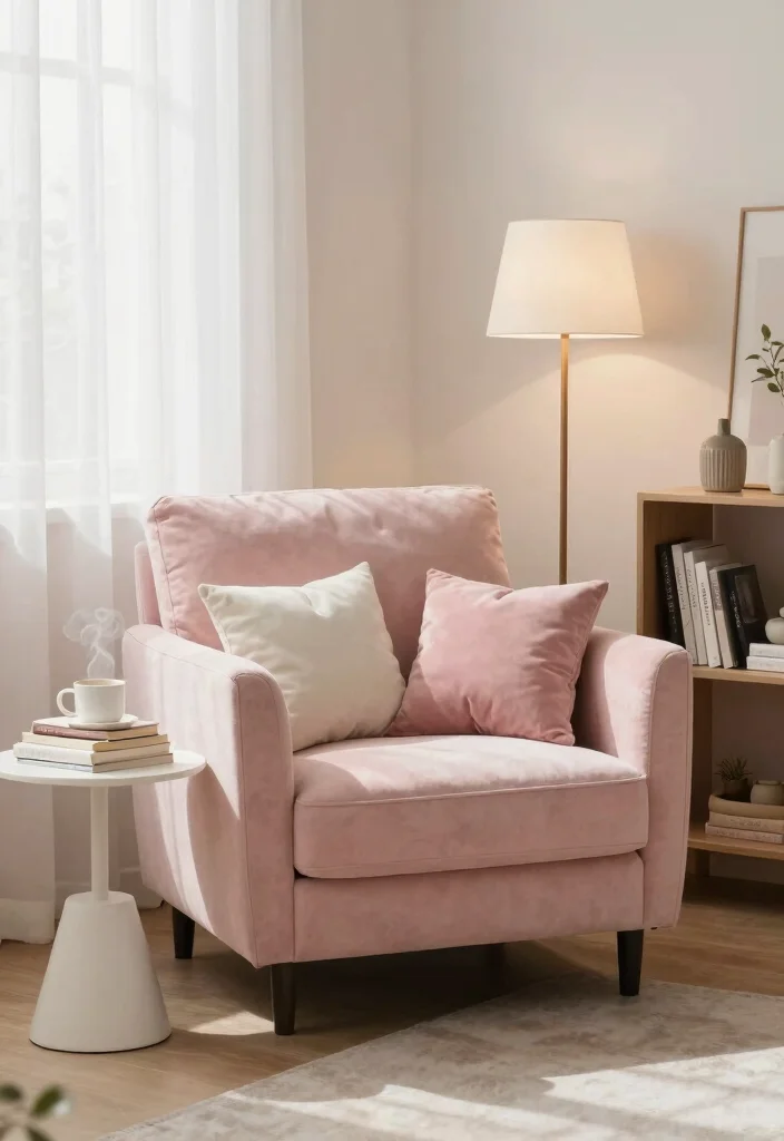 12 Pink Living Room Ideas That Feel Soft and Modern 13 12 Pink Living Room Ideas That Feel Soft and Modern 3. Cozy Blush Pink Reading Nook 0