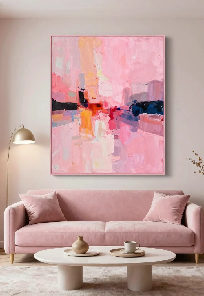 12 Pink Living Room Ideas That Feel Soft and Modern 49 12 Pink Living Room Ideas That Feel Soft and Modern 9. Statement Artwork 0