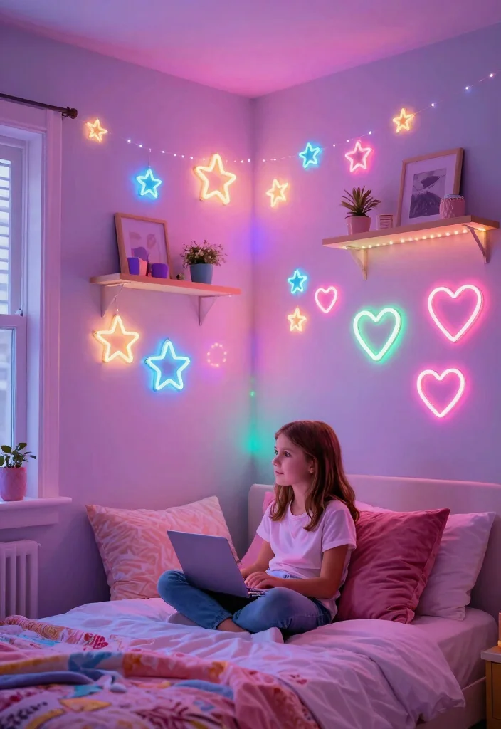 12 Preteen Girls Bedroom Ideas That Feel Trendy 11. Neon and LED Lights 0