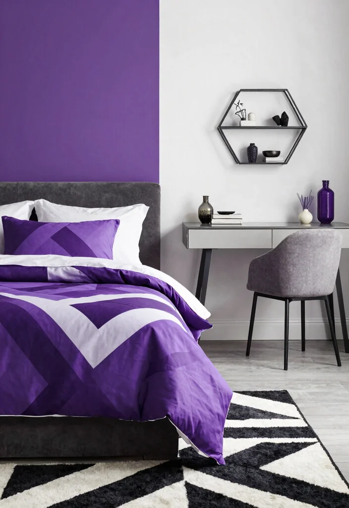 12 Purple Bedroom Ideas That Feel Stylish Not Loud 3. Modern Purple Geometrics 0