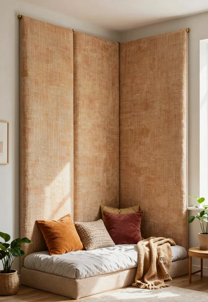 14 Bedroom Accent Wall Ideas That Steal All Attention 4. Textured Fabric Panels 0