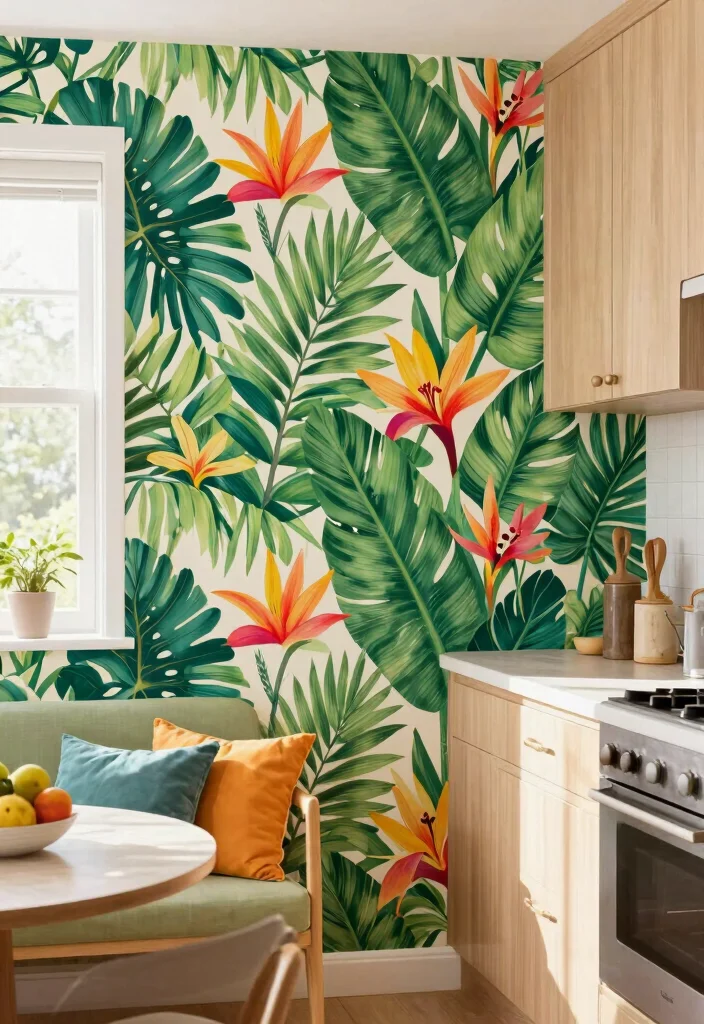 14 Kitchen Wallpaper Ideas That Make a Big Statement 1. Lively Botanical Prints 0