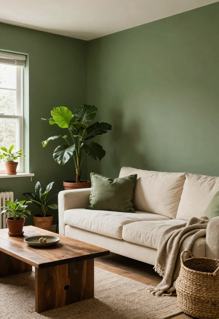 14 Living Room Paint Ideas That Refresh Everything 7. Rustic Greens for a Natural Touch 0